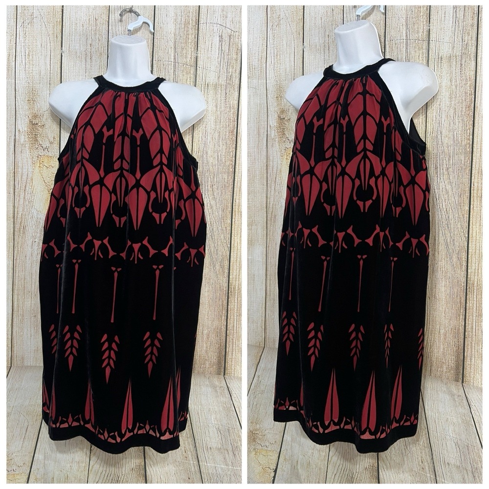 Vtg Red Black Velvet Burnout Dress XS Silk Blend Whimsigoth Dark Romance Goth‎